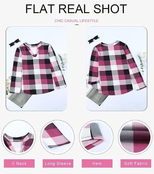 Pink Black White Checkered Long Sleeve V-Neck Blouse image 3